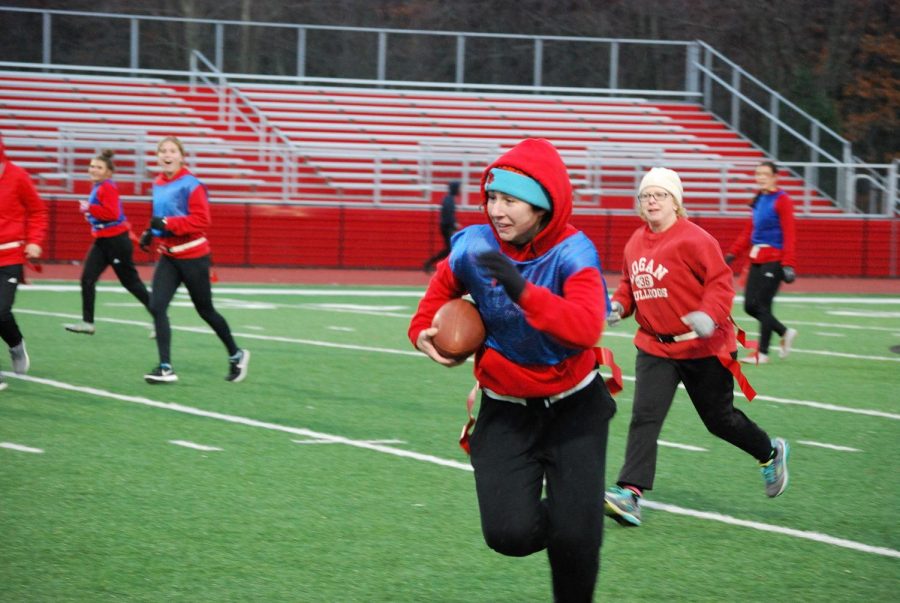 Rush it!
Sophomore Maryann Ackerman runs the ball down the field. The Turkey Bowl happened on November 20th. “I just wanted to get to Irene.” said Maryann. Photo by Olivia Tiche
